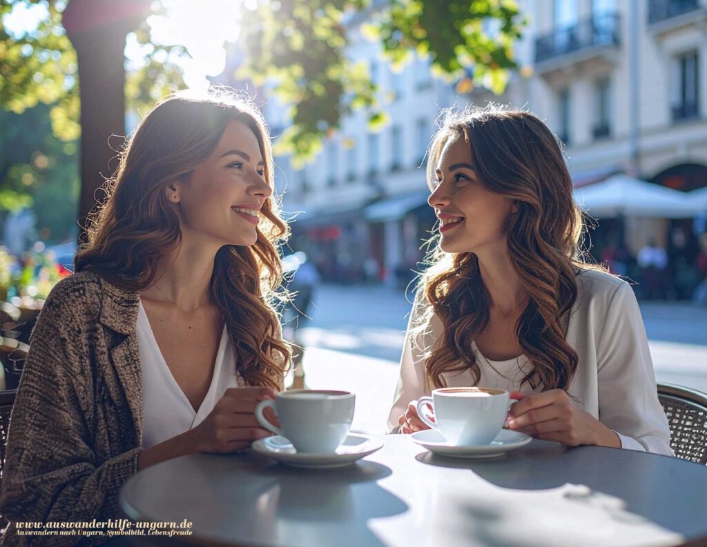 Zwei junge Frauen trinken Kaffee in einem Straßencafé – Symbolbild für Geselligkeit, ungarisches Lebensgefühl und entspannten Alltag