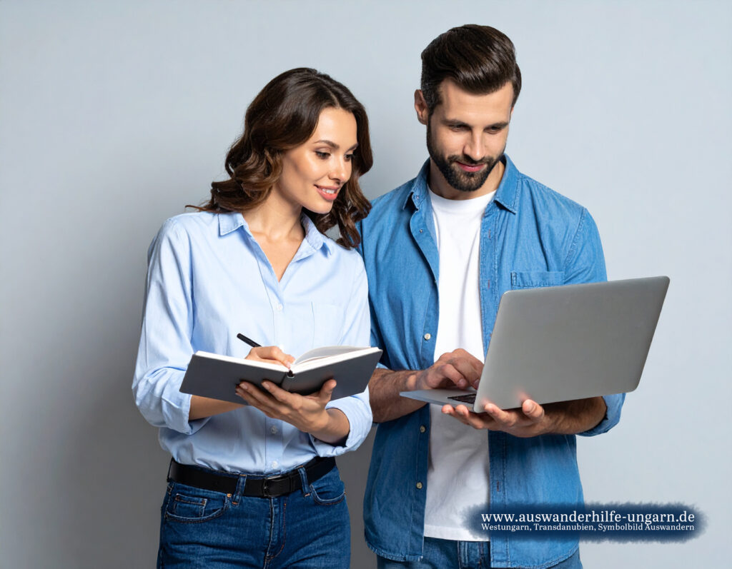 Paar in Jeans und Hemd/Bluse arbeitet gemeinsam mit Laptop und Notizbuch – Symbolbild für Vorbereitung, Nachlesen und Auswandern nach Westungarn / Transdanubien