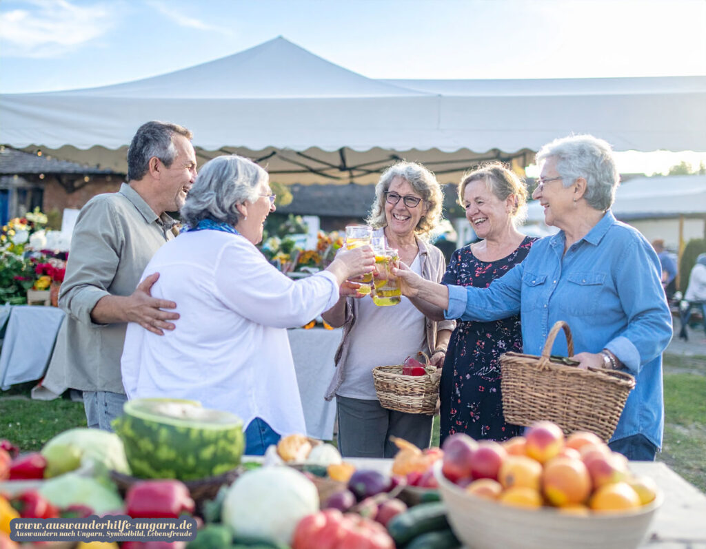 Gruppe fröhlicher Menschen stößt mit Getränken auf einem ungarischen Wochenmarkt an, mit Körben voller Obst und Gemüse – Symbolbild für Gemeinschaft und Lebensfreude in Ungarn