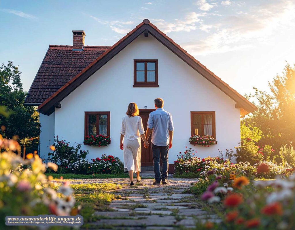 Ein Paar hält sich an den Händen vor einem kleinen ungarischen Landhaus mit Blumengarten – Symbolbild für Hauskauf und Ankommen in Ungarn, www.auswanderhilfe-ungarn.de