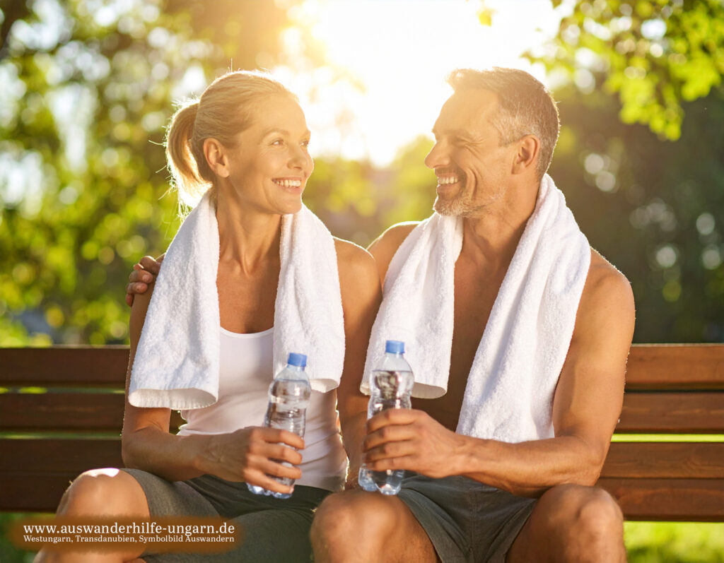 Attraktives Paar mit Handtuch und Wasserflasche sitzt lachend auf einer Bank, Symbolbild für Gesundheit, Wellness und Auswandern in Westungarn / Transdanubien