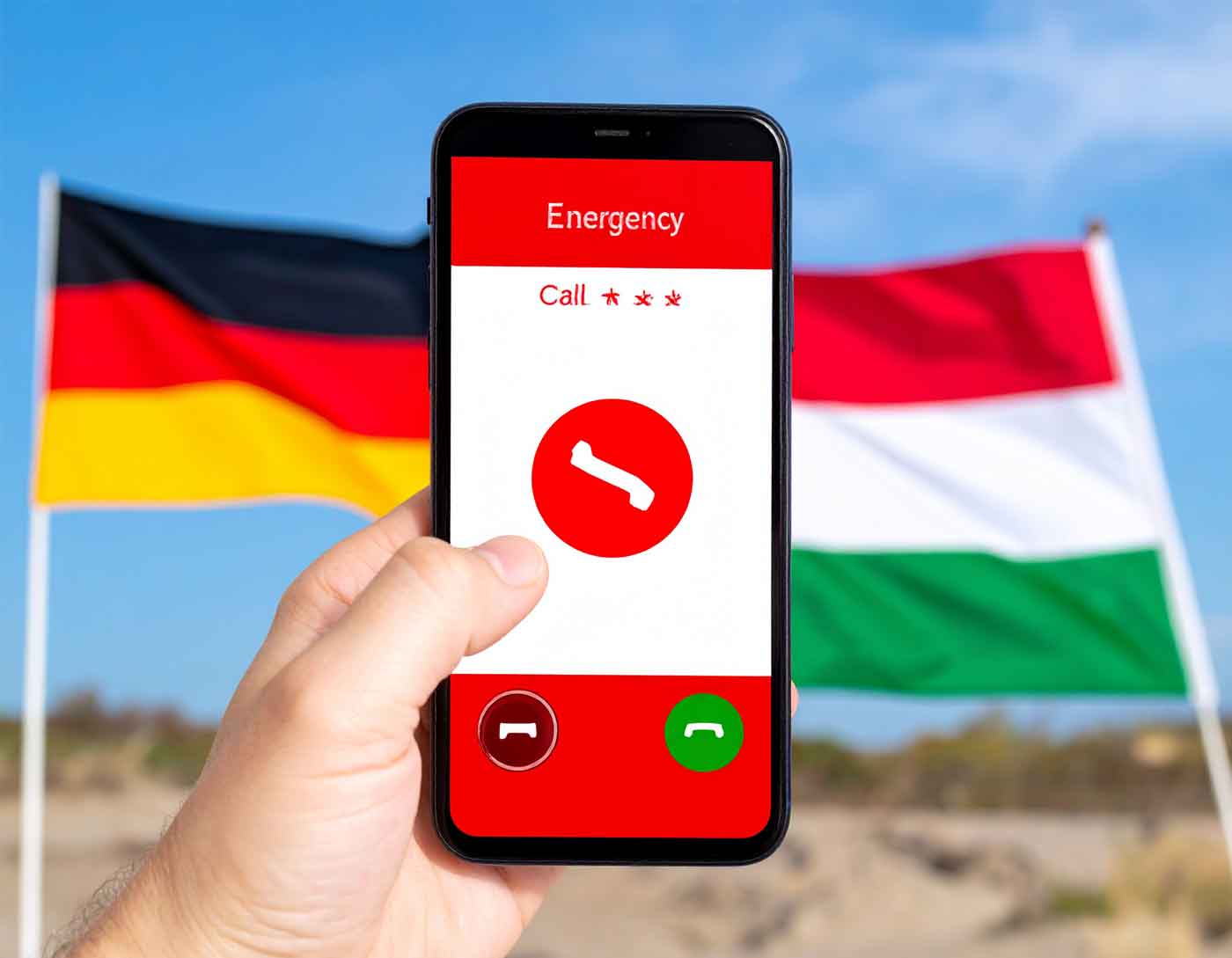 Smartphone mit Notrufanzeige vor deutscher und ungarischer Flagge – Symbol für schnelle Hilfe und grenzüberschreitende Erreichbarkeit in Ungarn.