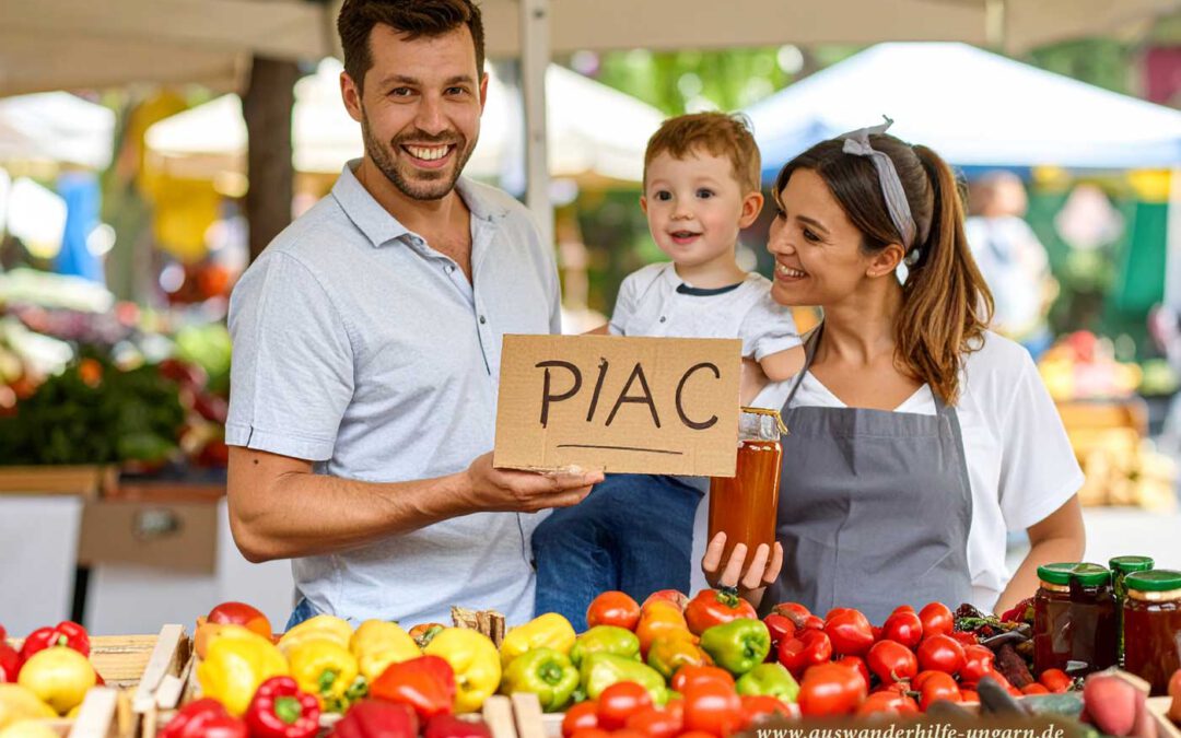 Familie auf einem ungarischen Bauernmarkt („Piac“): Gemüsestand mit Paprika, Tomaten und Honig unter Marktzelten.
