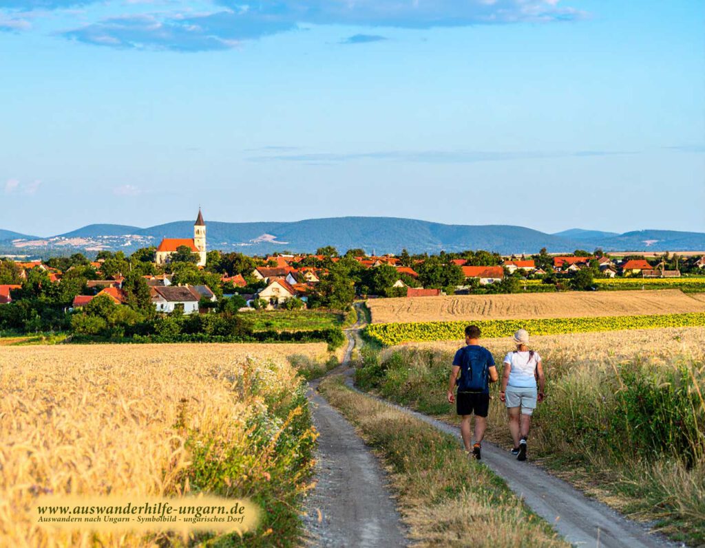 Zwei fröhliche Wanderer mit Rucksäcken laufen auf einem Feldweg auf ein ungarisches Dorf mit rotdachigen Häusern und Kirchturm im goldenen Abendlicht zu.