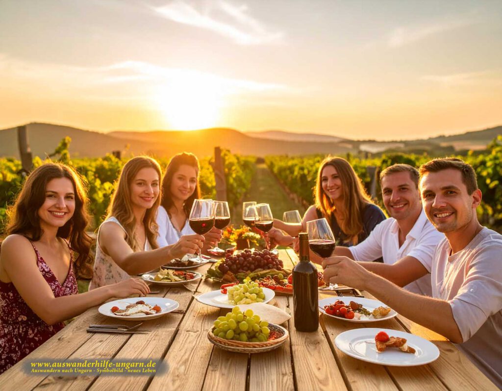 Menschen trinken Wein in Zala, Ungarn, mit Blick auf Weinberge und Sonnenuntergang