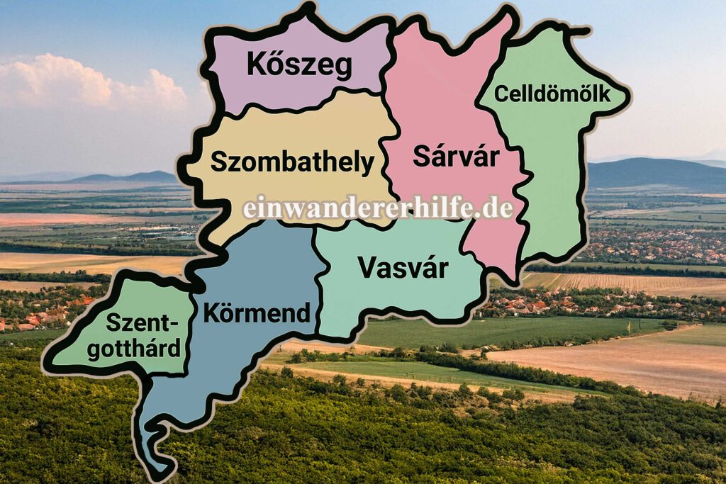 Karte der sieben Bezirke im Komitat Vas: Szombathely, Kőszeg, Sárvár, Celldömölk, Körmend, Vasvár und Szentgotthárd in Westungarn