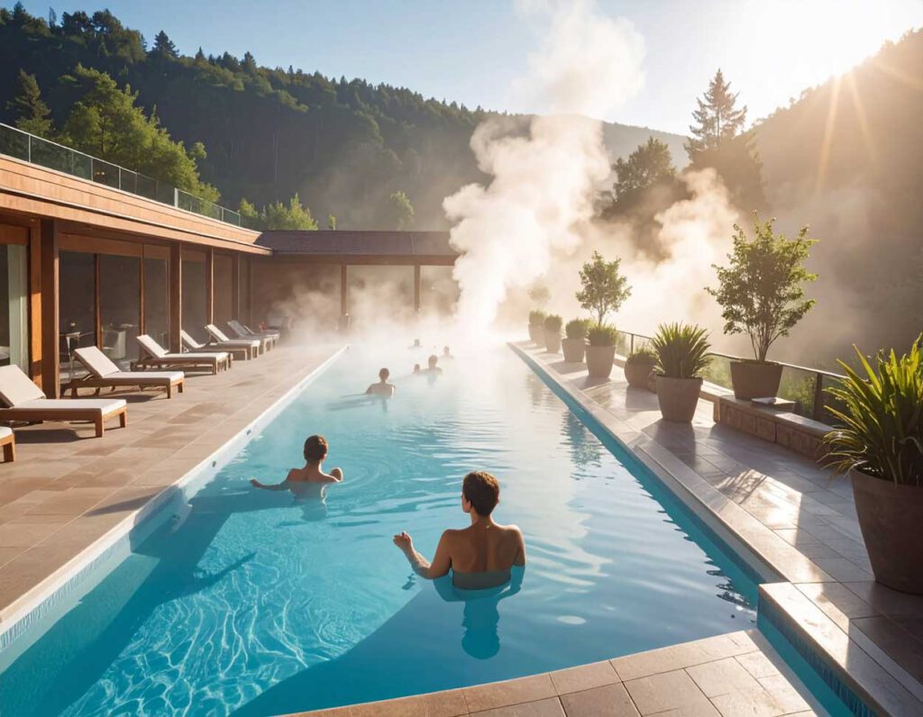 Moderne Thermalanlage ähnlich wie in Sárvár mit Badegästen und Außenbecken