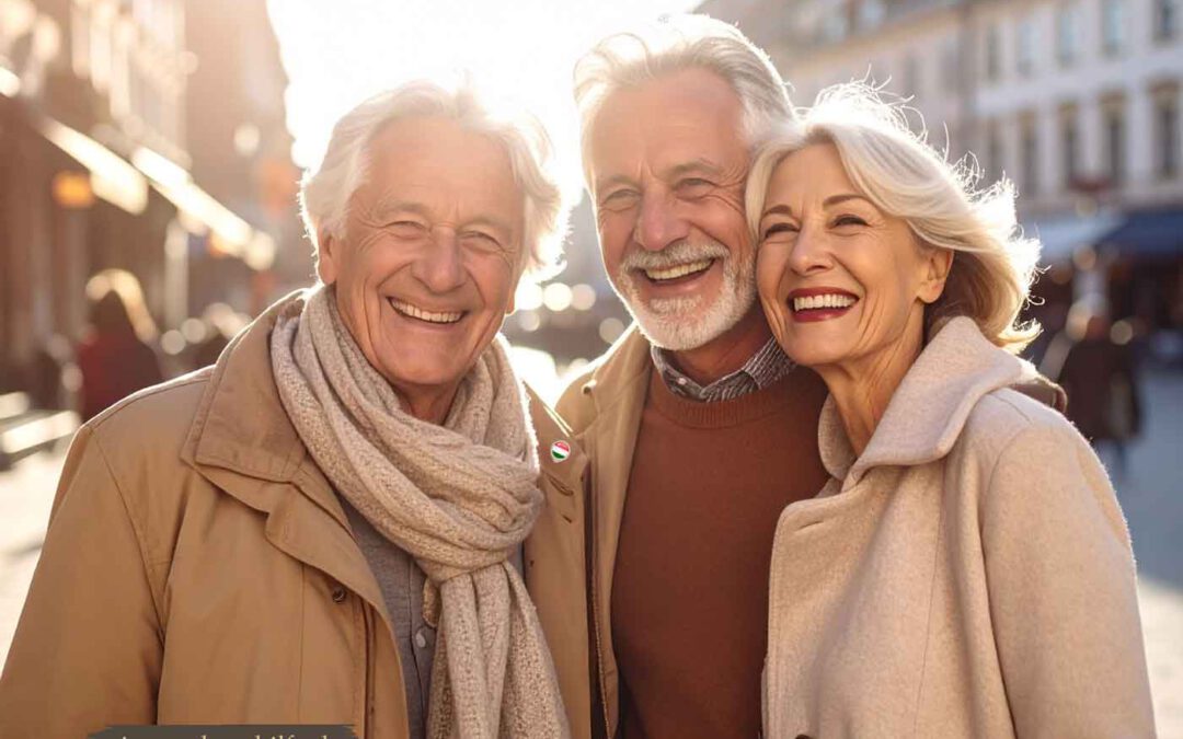 Lachende Menschen in einer sonnigen Stadt in Ungarn, Symbol für Aufbruch nach Györ und Lebensfreude