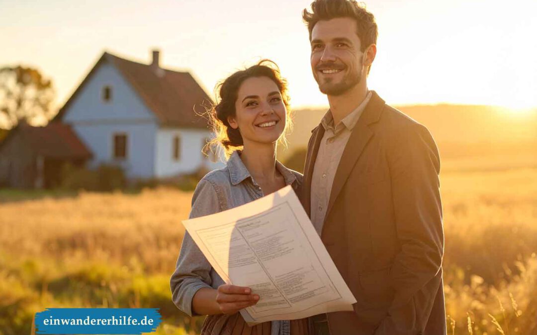 Ein Paar steht bei Sonnenuntergang vor einem Haus in Ungarn. Die Frau hält ein Dokument – Symbol für Wohnungssuche, Hauskauf und Ankommen im neuen Land.