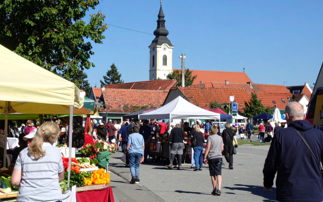 Menschen schlendern durch einen sonnigen Markt in Sopron, umgeben von frischem Gemüse, Altstadtflair und dem Klang von Gemeinschaft. Ein stiller Nachmittag, der zeigt, wie sich Neuanfang anfühlen kann – warm, lebendig, echt.
