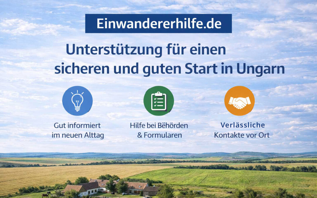 Bannerbild von Einwandererhilfe.de mit Text „Unterstützung für einen sicheren und guten Start in Ungarn“ vor ungarischer Landschaft mit Symbolen für Alltag, Behörden und lokale Kontakte