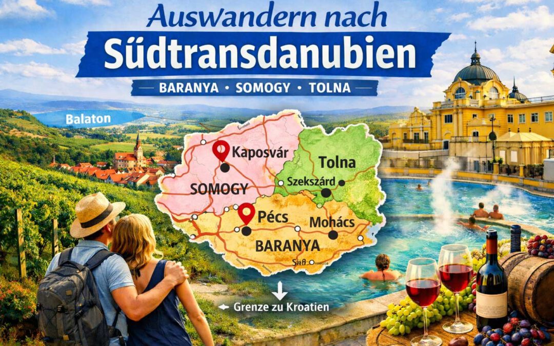 Auswandern nach Südtransdanubien in Ungarn: Karte mit den Komitaten Somogy, Tolna und Baranya sowie Kaposvár und Pécs, dazu Weinberge und Thermalbad