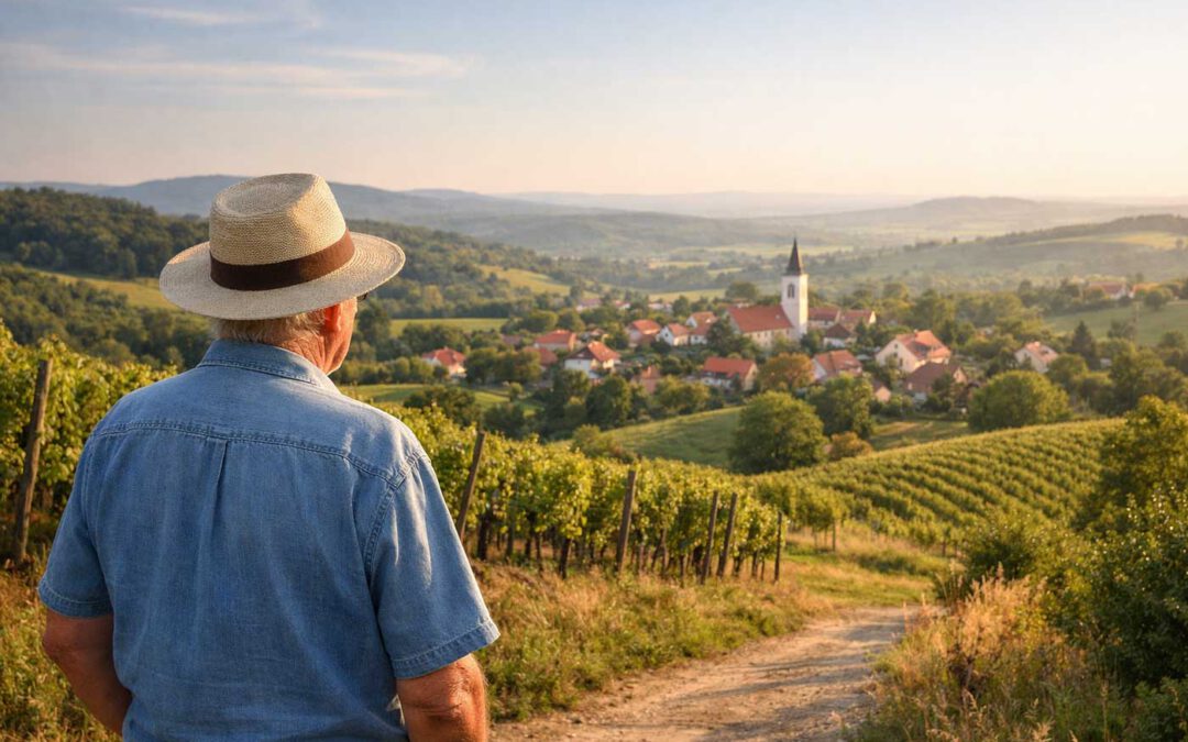 Älterer Mann mit Strohhut blickt auf ein ungarisches Dorf in Transdanubien – Hügel, Weinberge und Natur im Sonnenlicht