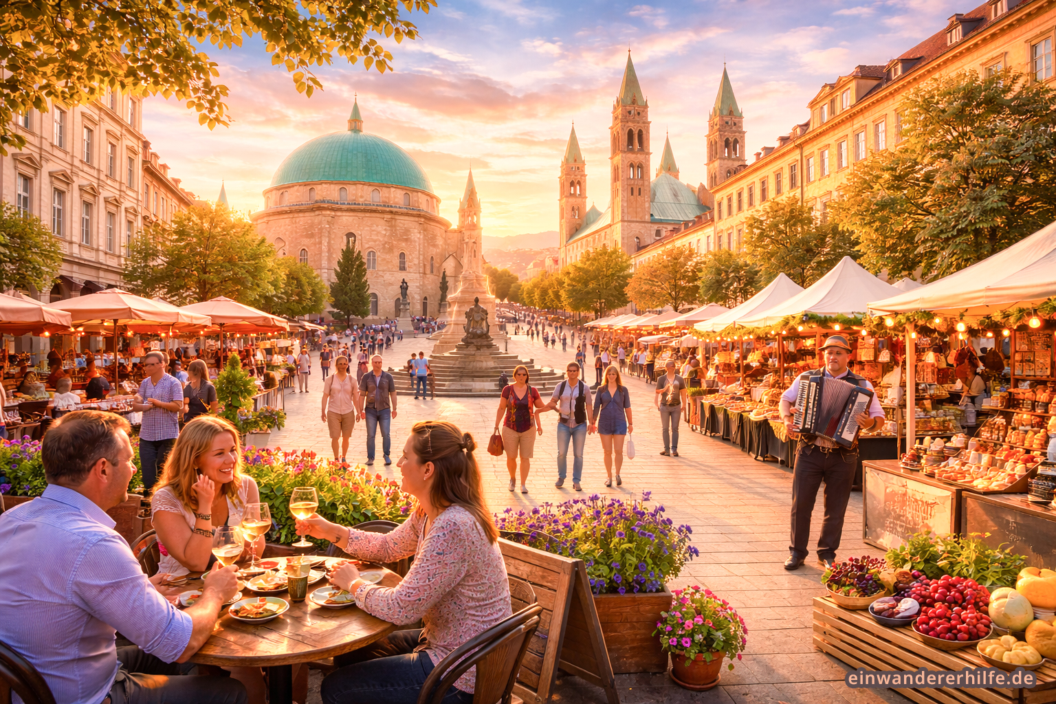 Belebter Platz in Pécs in Südtransdanubien, Ungarn: Marktstände, Cafés, Musik und Menschen im Alltag, im Hintergrund die Moschee von Gázi Kászim Pascha und die Kathedrale – typisches Lebensgefühl für alle, die nach Ungarn auswandern möchten.