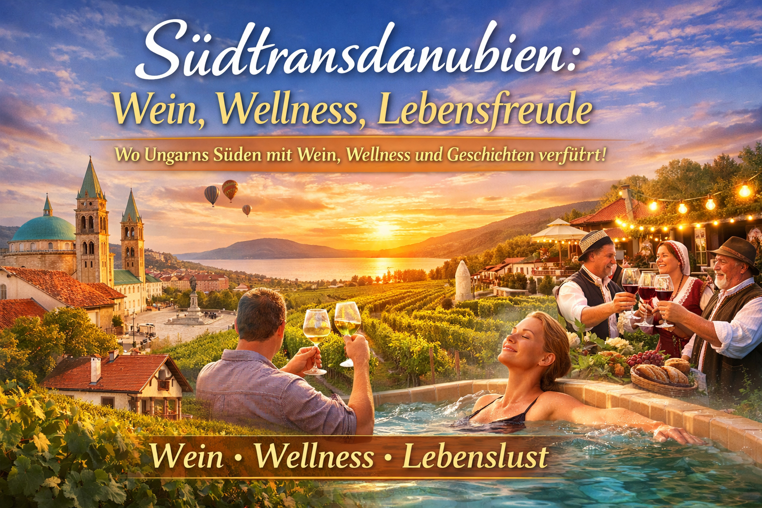 Titelbild zum Blogartikel „Südtransdanubien: Wein, Wellness, Lebensfreude“ – Abendstimmung über Weinbergen und dem Balaton, links die Kathedrale von Pécs, Menschen stoßen mit Weingläsern an, im Vordergrund eine Frau entspannt im Thermalbecken, rechts festliche Szene mit ungarischer Atmosphäre.