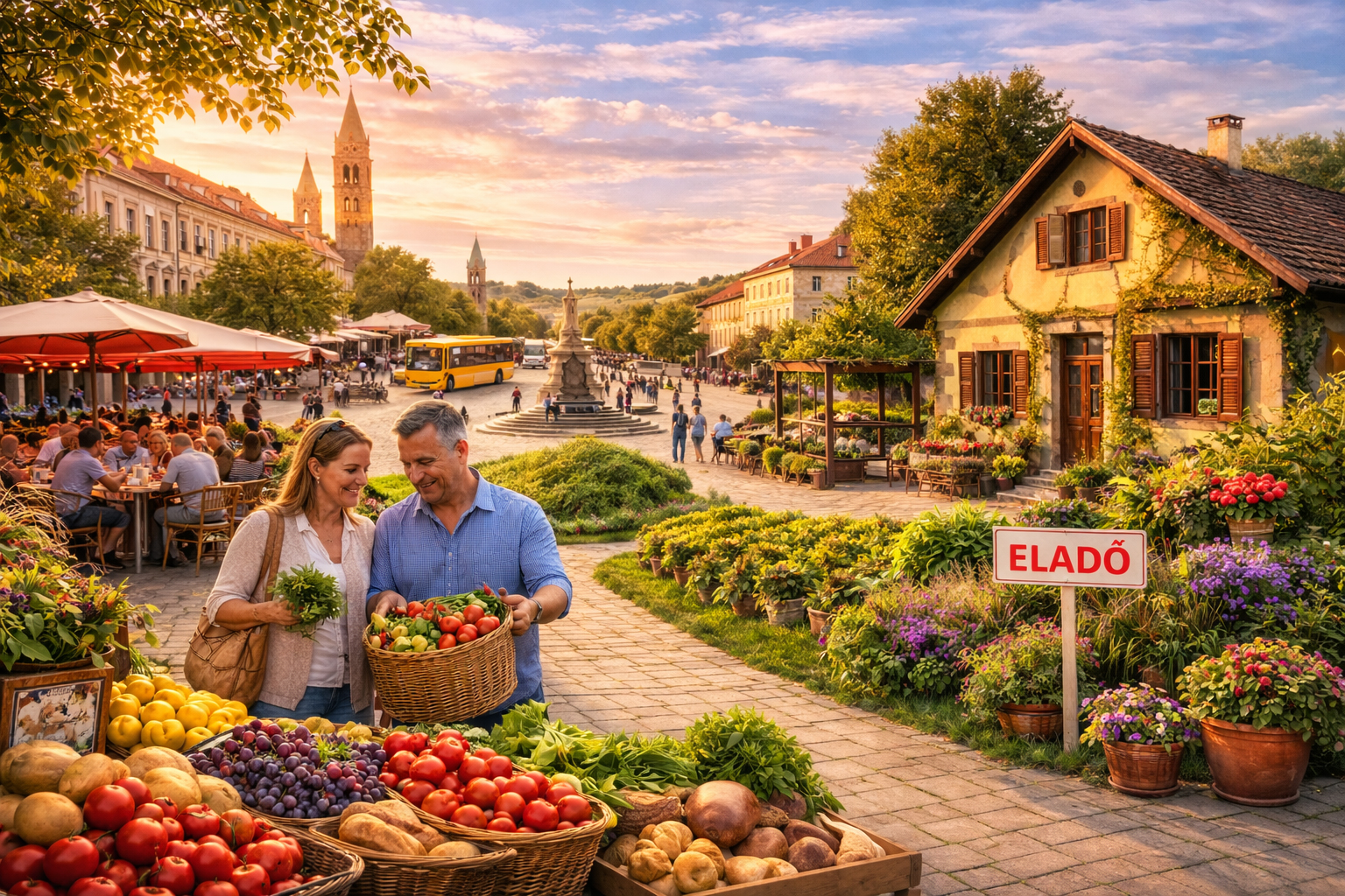 Idyllische Szene in Südtransdanubien (Ungarn): Ein Paar kauft auf einem Wochenmarkt frisches Obst und Gemüse, im Hintergrund ein Dorfplatz mit Cafés und Häusern, daneben ein kleines Haus mit Garten und einem Schild „Eladó“ (zu verkaufen) – Symbol für Alltag, Lebenshaltungskosten und Immobilien in Ungarn.