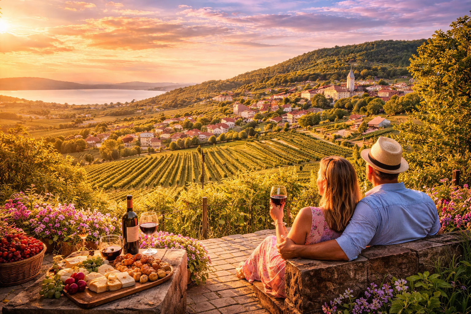 Paar sitzt auf einer Terrasse in Südtransdanubien, trinkt Rotwein und blickt über Weinberge, ein Dorf mit Kirche und einen See im warmen Abendlicht; auf dem Tisch stehen Weinflasche und regionale Spezialitäten – Stimmung von Genuss, Entschleunigung und Ankommen in Ungarn.