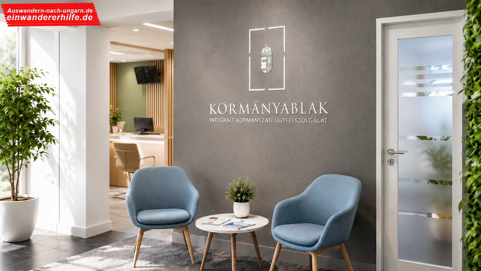 Auswandern nach Ungarn Erfahrungsberichte zeigen einen modernen Kormányablak Wartebereich mit freundlichen Farben, heller Atmosphäre und professioneller Beratungssituation für Behördengänge in Ungarn.