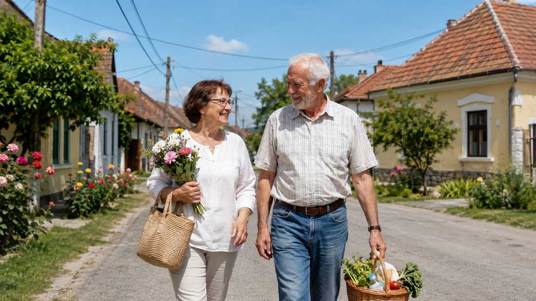 Älteres Paar geht lächelnd mit Blumen Einkaufskorb und Gemüse durch eine sonnige ungarische Dorfstraße