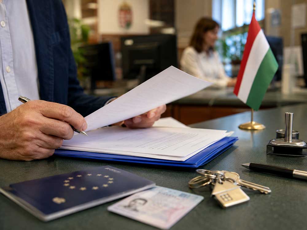 EU Bürger geben bei einer ungarischen Behörde Unterlagen für die Anmeldung in Ungarn ab