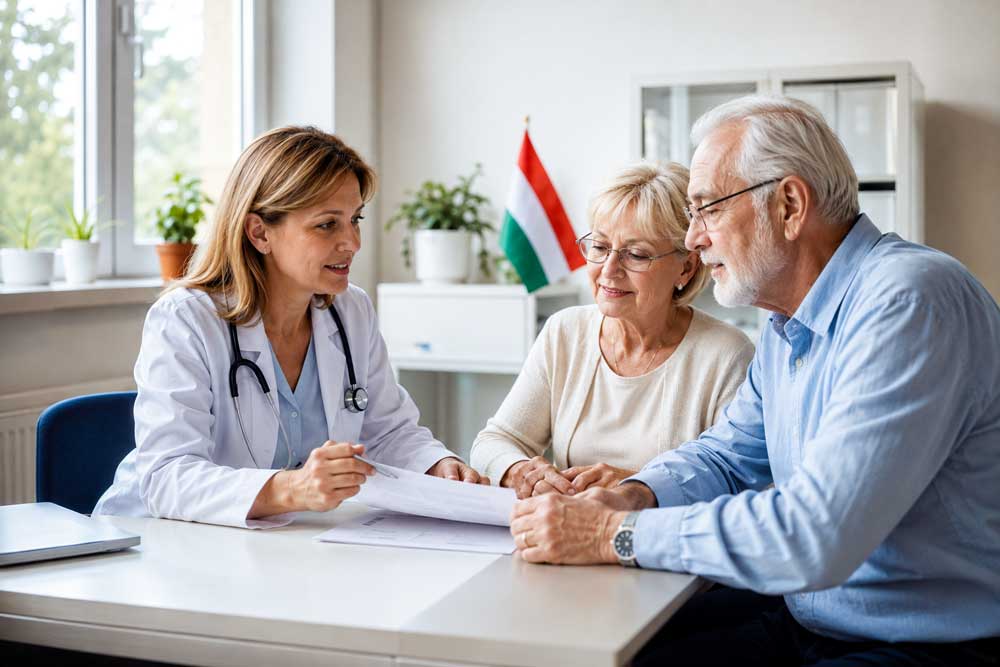 Ärztin erklärt einem älteren deutschen Paar in einer ungarischen Praxis wichtige Unterlagen zur Krankenversicherung
