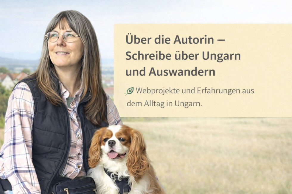 Marion Schanné lebt und arbeitet als Selbständige im ungarischen Komitat Vas und sitzt mit ihrem Hund auf einer Wiese.