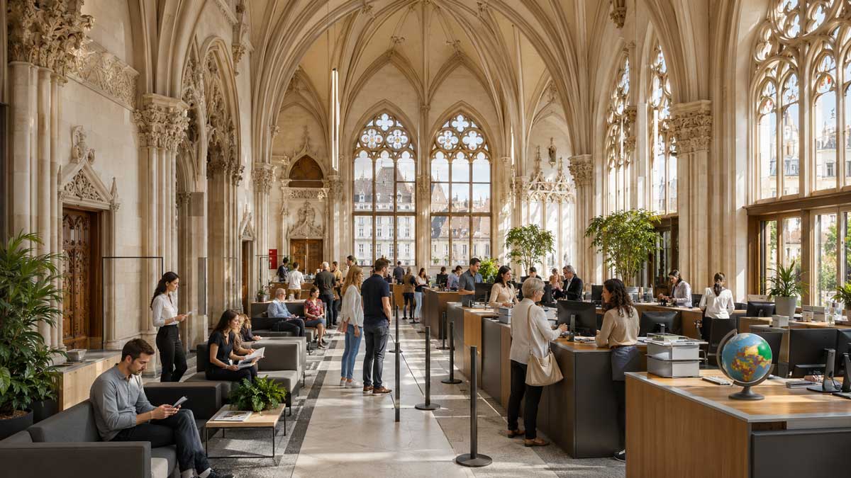 Modern ausgestattetes Rathausbüro in einem historischen Gebäude mit hohen gotischen Fenstern, Service-Schaltern, Wartebereich und viel Kundenverkehr.