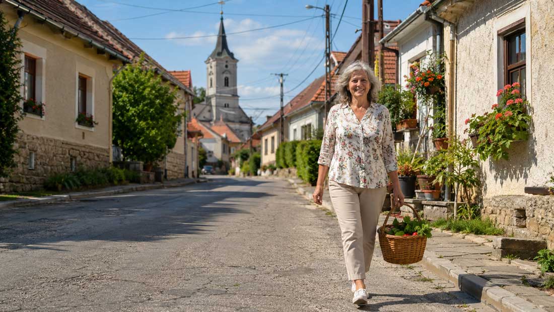 Frau geht lächelnd durch eine ungarische Dorfstraße mit Korb Blumen Kirche Stromkabeln und alten Häusern