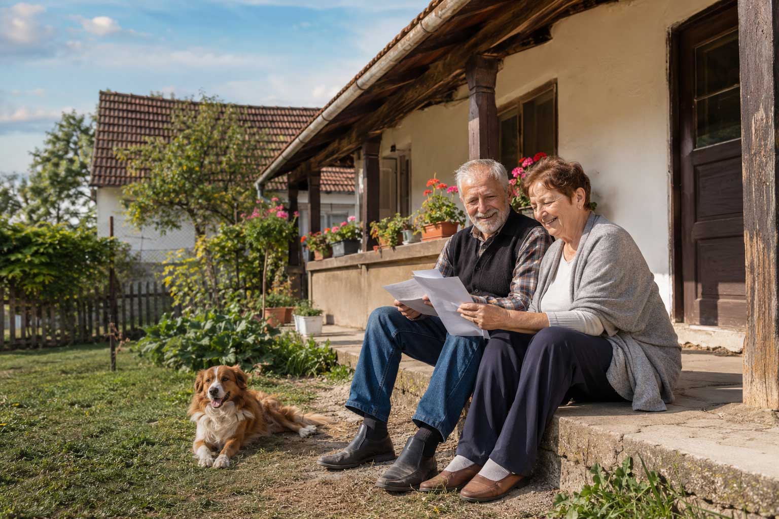 Auswandern nach Ungarn - Rentnerpaar sitzt mit Hund vor einem ungarischen Haus und liest Unterlagen nach dem Hauskauf