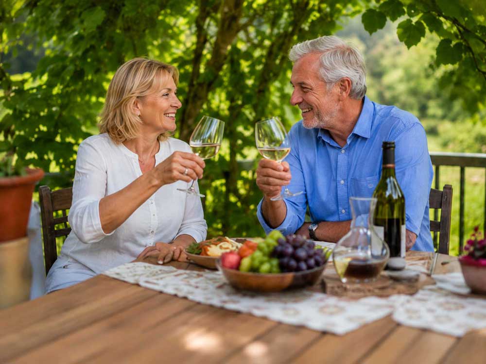 Auswandern nach Ungarn im Komitat Zala: reifes Paar genießt Wein, Obst und einen entspannten Sommertag im grünen Garten.
