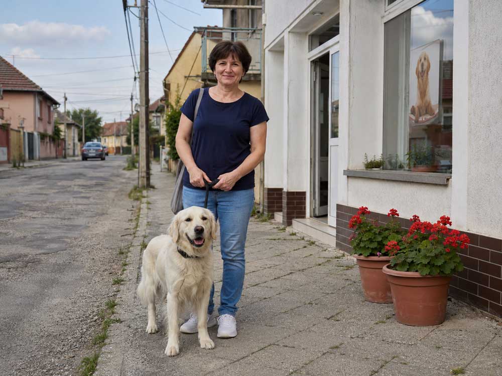 Frau steht mit großem Hund vor einem Haus in einer ungarischen Kleinstraße mit sichtbaren Stromkabeln und Blumenkübeln. Das Bild zeigt Auswandern nach Ungarn im Komitat Somogy mit Haustier und Alltagsnähe.
