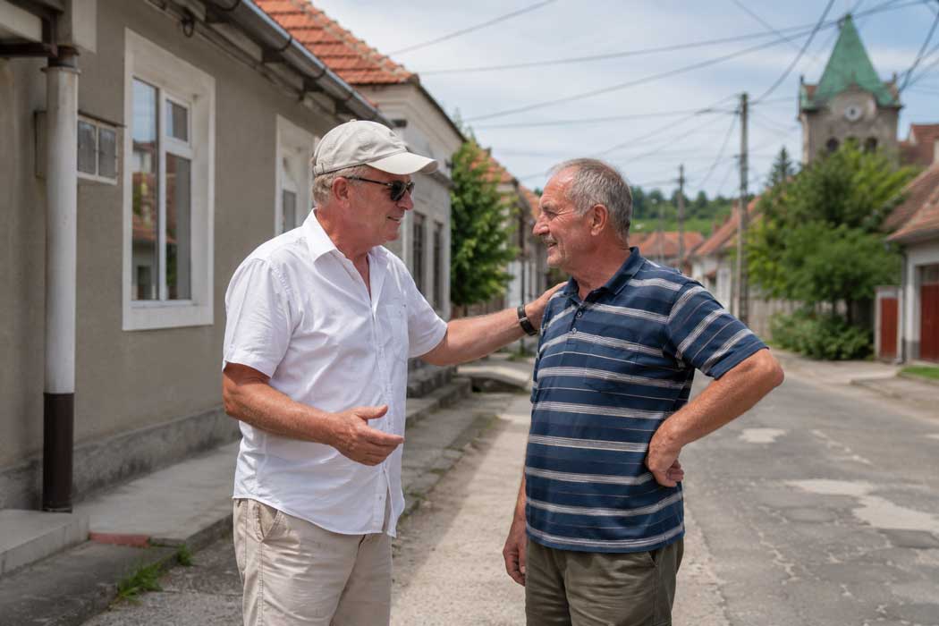 Auswandern nach Ungarn - zwei Männer sprechen auf einer ungarischen Dorfstraße im Komitat Györ Moson Sonpron miteinander