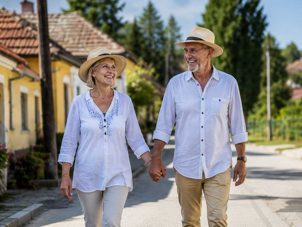 Auswandern nach Ungarn im Komitat Tolna: glückliches Paar spaziert im Sommer durch eine ruhige ungarische Dorfstraße.