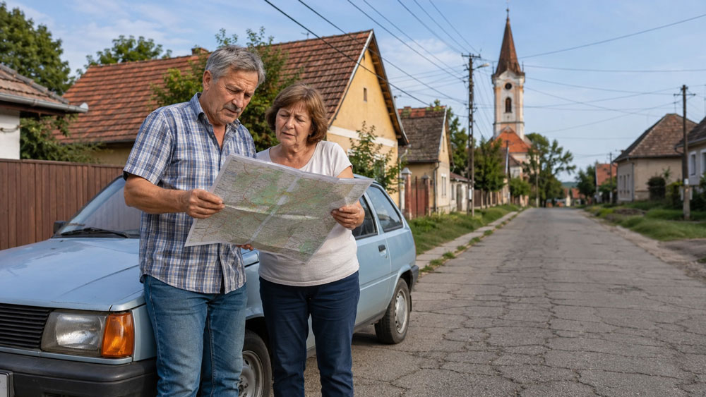 Auswandern nach Ungarn - älteres Paar mit Karte an einer Dorfstraße im Komitat Vas neben einem Auto in typisch ungarischer Umgebung