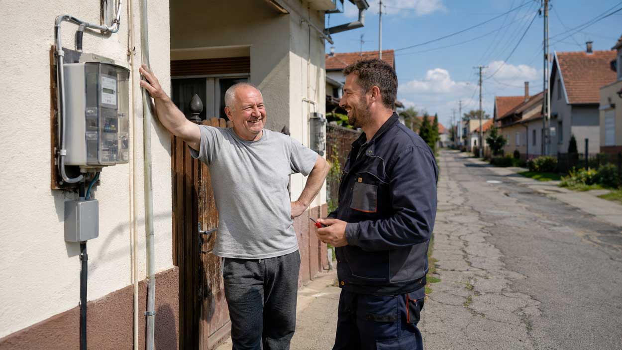Älteres Paar steht vor einem gepflegten ungarischen Dorfhaus mit Blumen, Stromleitungen und leicht maroder Straße passend zu Auswandern nach Ungarn, Haus kaufen in Ungarn und Energieversorgung