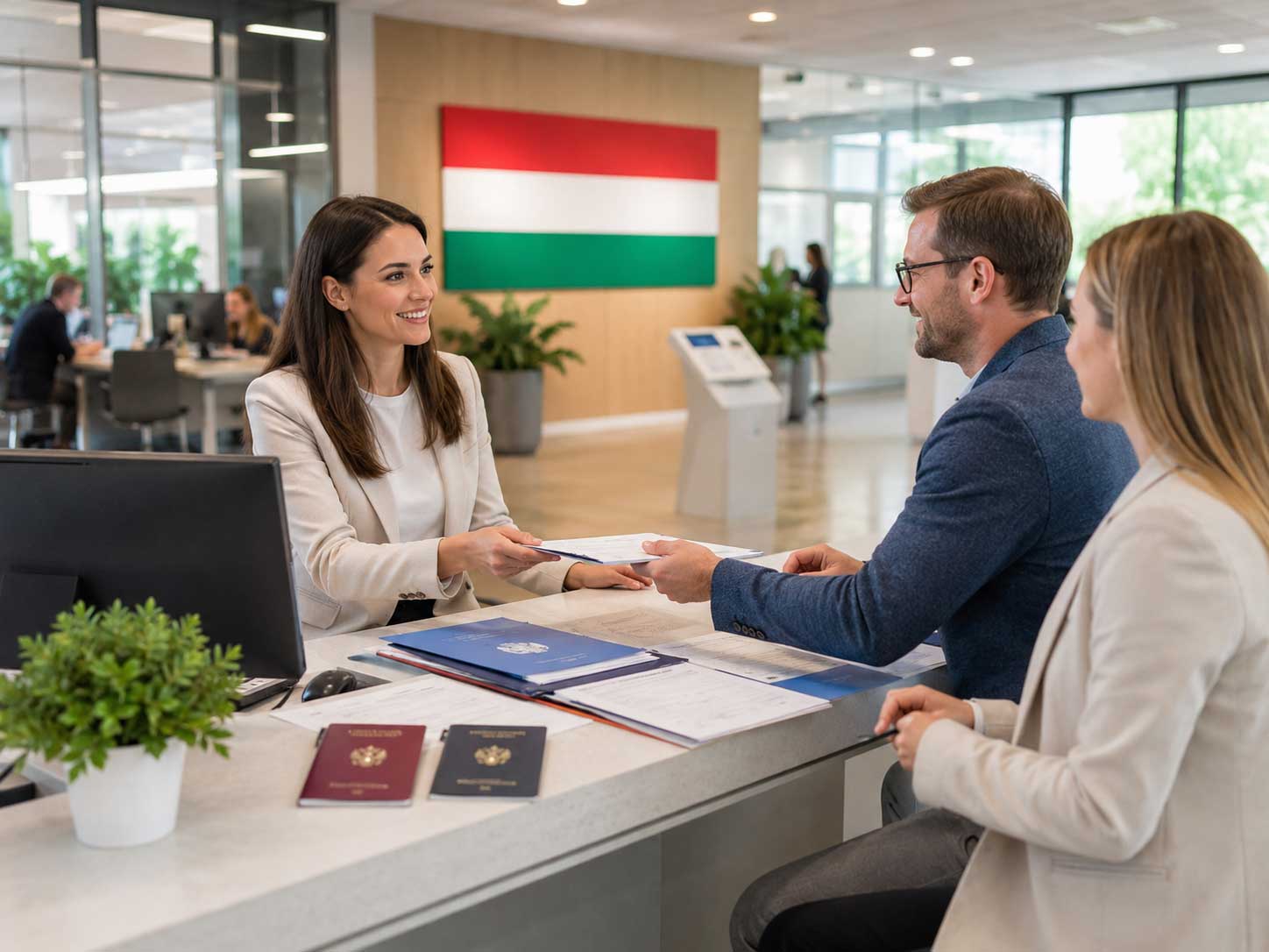 Erwachsene erhalten in einem modernen ungarischen Amt Unterstützung bei Dokumenten und Anmeldung. Das Bild zeigt auswandern nach Ungarn mit klarer Vorbereitung, Erfahrungsberichte und aktuelles für Auswanderer.
