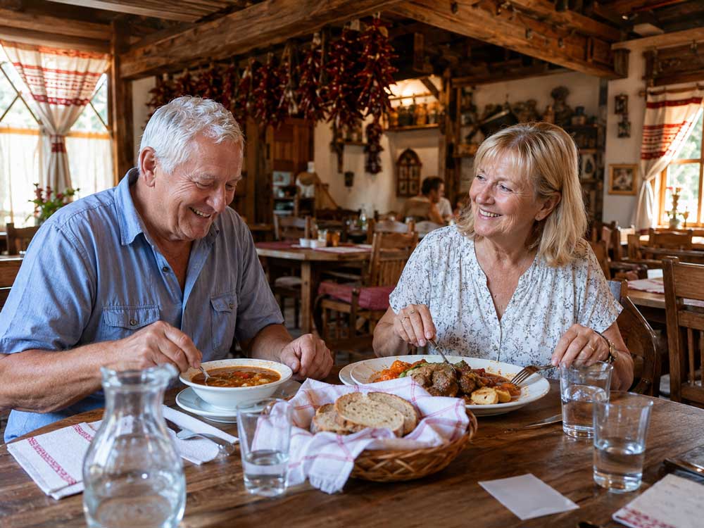 Älteres Paar isst in einer traditionellen ungarischen Csárda Suppe Brot und ein warmes Mittagsgericht