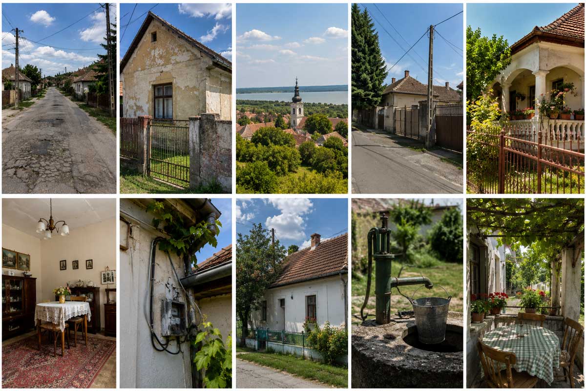 Haus kaufen in Ungarn im Sommer  – Collage mit typischen Dorfstraßen, älteren Wohnhäusern, Innenraum, Brunnen, Veranda und Blick über ein ungarisches Dorf mit Kirche und See bei sonnigem Sommerwetter.