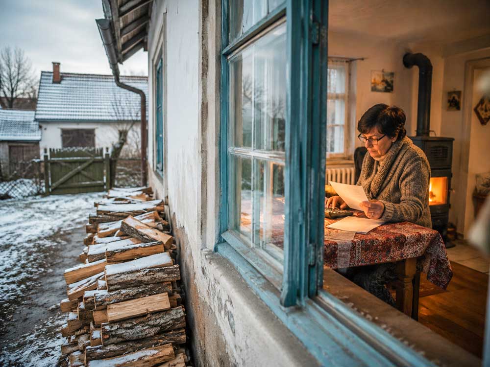 So ist das Leben in Ungarn - Frau sitzt in einem älteren ungarischen Landhaus am Tisch und prüft Heizkosten während draußen Brennholz im Schnee liegt