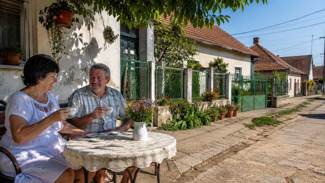 Paar trinkt Kaffee vor einem ungarischen Haus mit Blumen Hofstraße und Stromkabeln