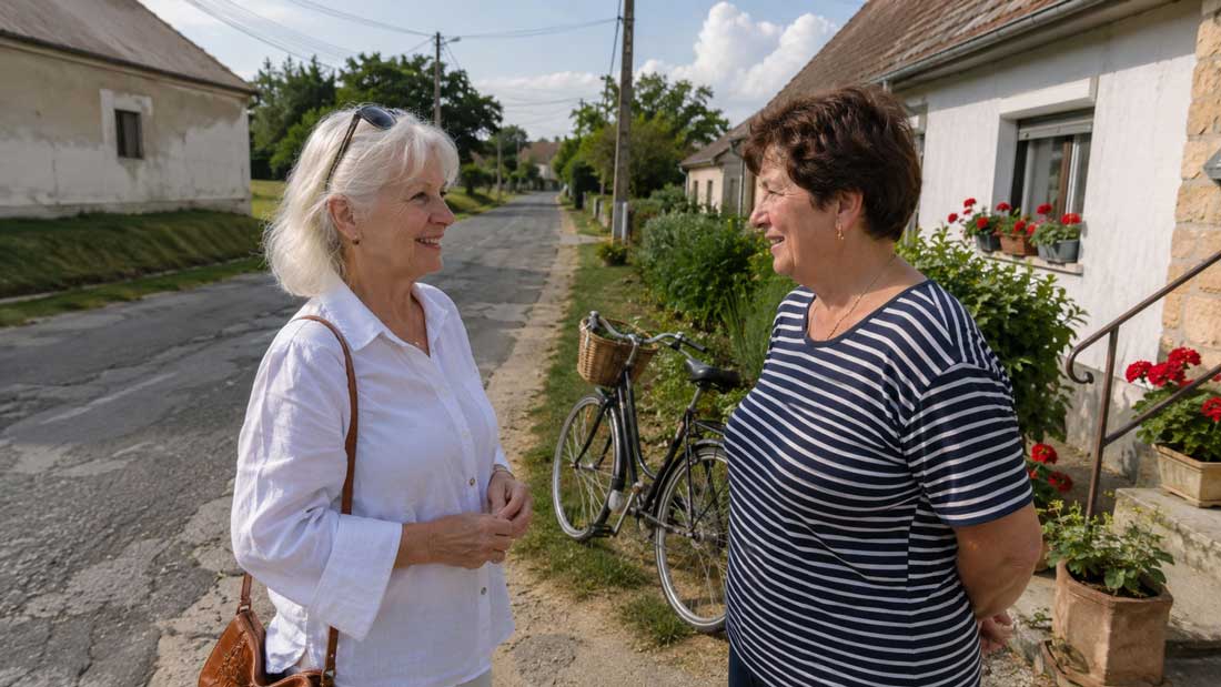 Real statt Social Media - Zwei Frauen sprechen freundlich auf einer ungarischen Dorfstraße mit Fahrrad Blumen und Stromleitungen