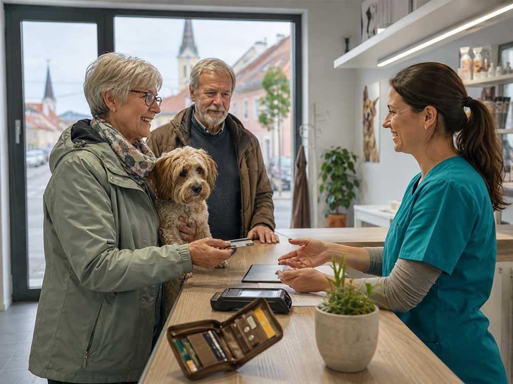Älteres Paar mit Hund bezahlt in einer hellen Tierarztpraxis in Ungarn an der Rezeption