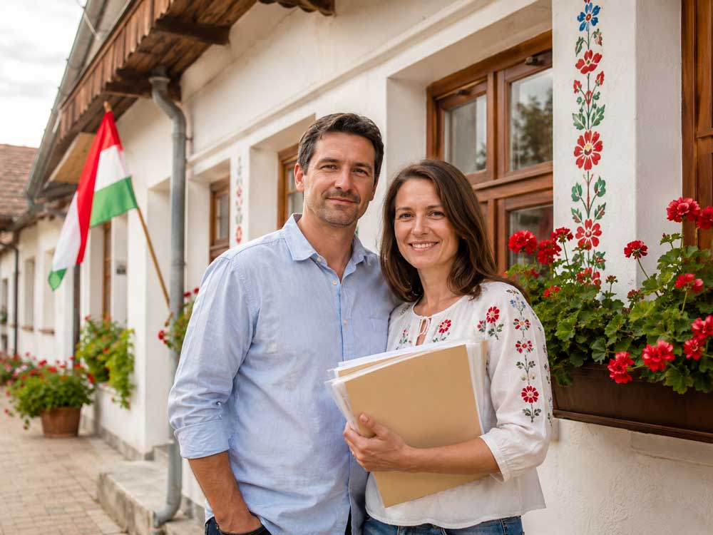 Paar mit Dokumenten vor einem ungarischen Haus mit Flagge und Blumendekor als Symbol für Erfahrungsberichte zur OIF Registrierung in Ungarn
