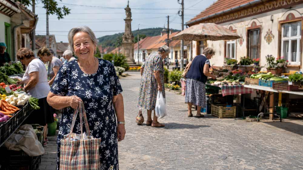 Ältere Frau auf einem ungarischen Markt im Komitat Győr-Moson-Sopron, passend zum Auswandern nach Ungarn, Einkauf und Dorfleben.