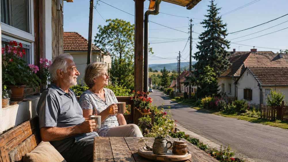 Älteres Paar sitzt auf einer Terrasse in einem ungarischen Dorf im Komitat Vas, passend zu Auswandern nach Ungarn, remote arbeiten und Lebensfreude.