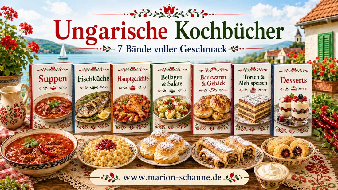 Ungarische Kochbücher in 7 Bänden von Marion Schanné mit Suppen, Fischgerichten, Hauptgerichten, Gebäck, Torten und Desserts